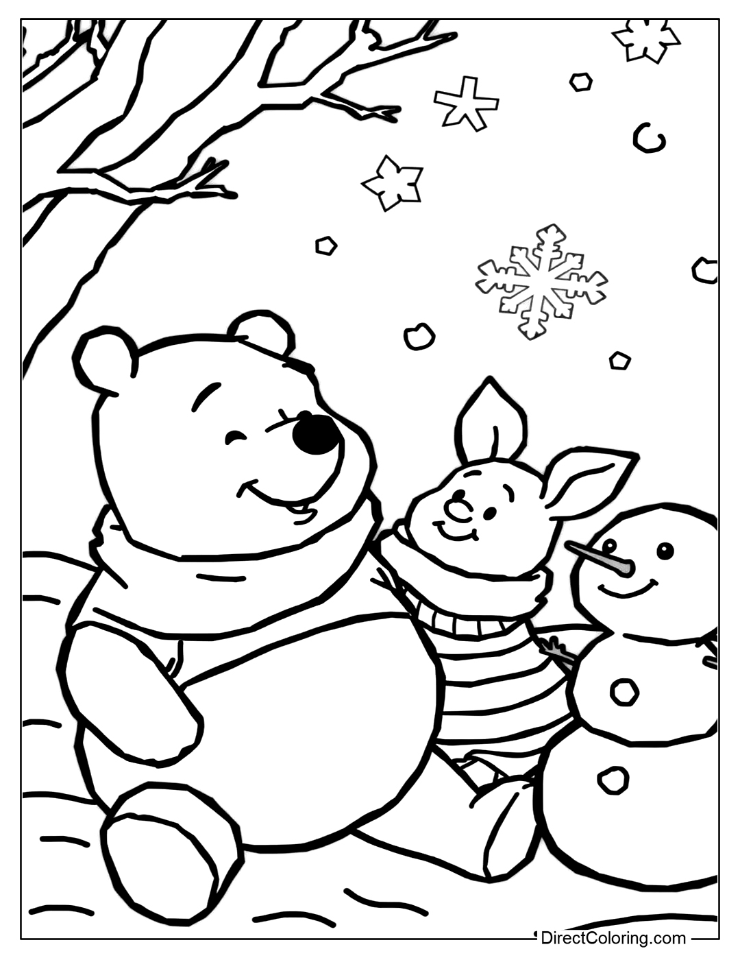 Winnie The Pooh with Piglet and Snowman Coloring PDF